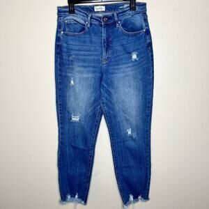 Nicole Miller Nomad Super High Rise Straight Jeans 10 Med Wash Distressed Denim